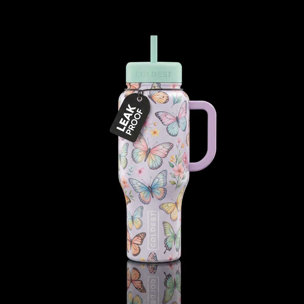 Butterflies but sprung and pastel colors outside water bottle design