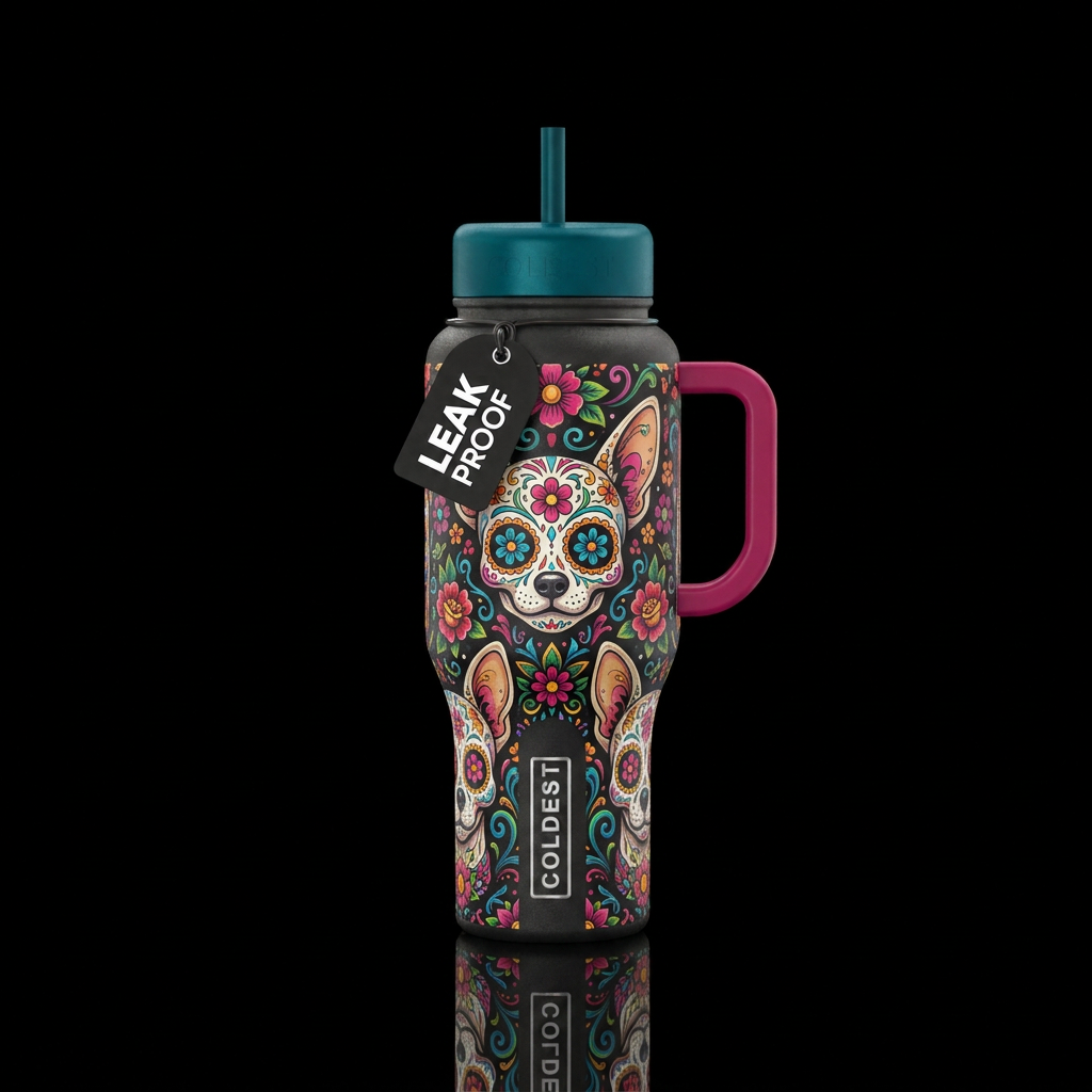 Sugar skulls chihuahua water bottle design