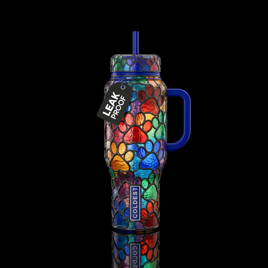 Stained glass paw prints water bottle design