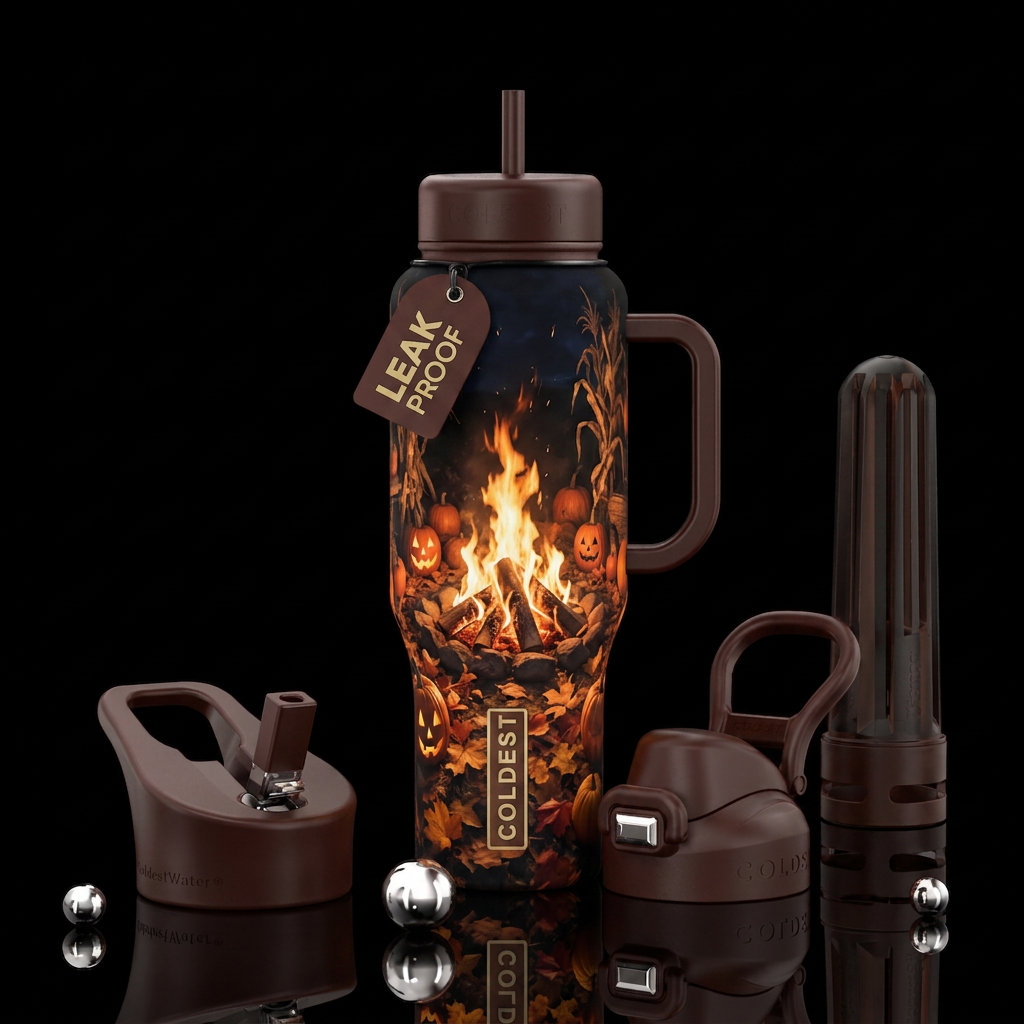 Fall Halloween bonfire water bottle design