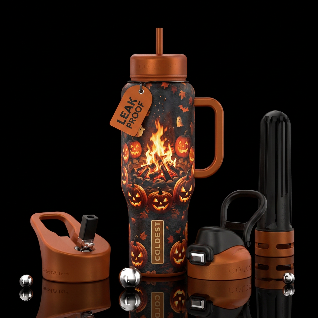 Fall Halloween bonfire water bottle design