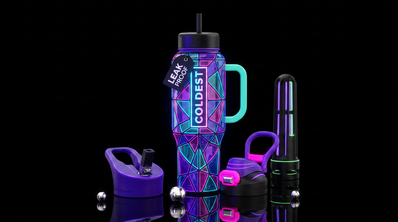 Glow in the dark stained glass, neon, UV water bottle design