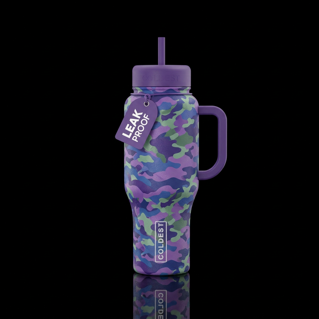 purple blue and green camo water bottle design