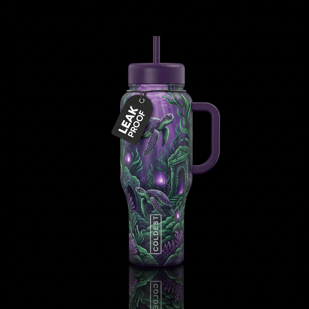 purples, greens, turtles underworld water bottle design