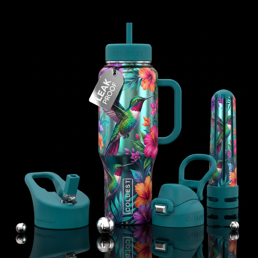 Hummingbird and flowers water bottle design