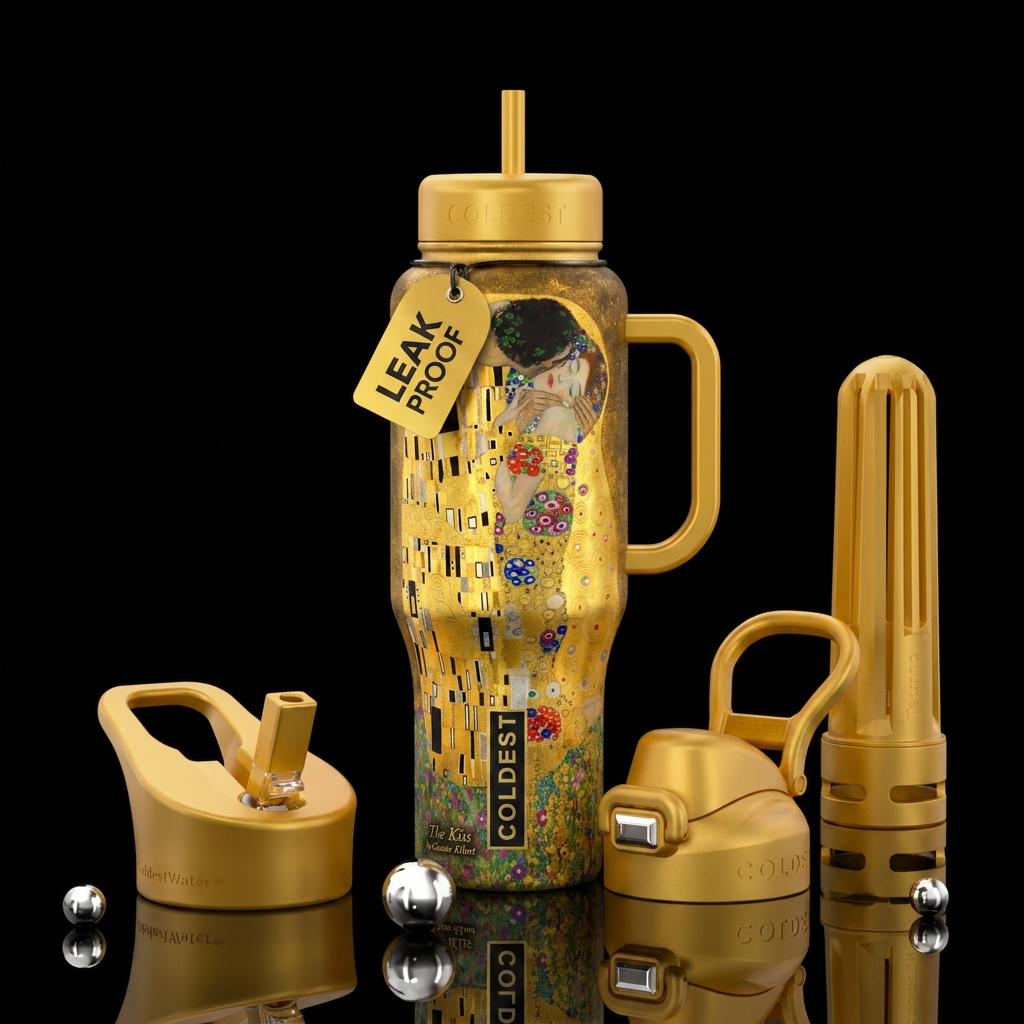 Gustav Klimt’s “The Kiss” masterpiece wrapped arou... water bottle design