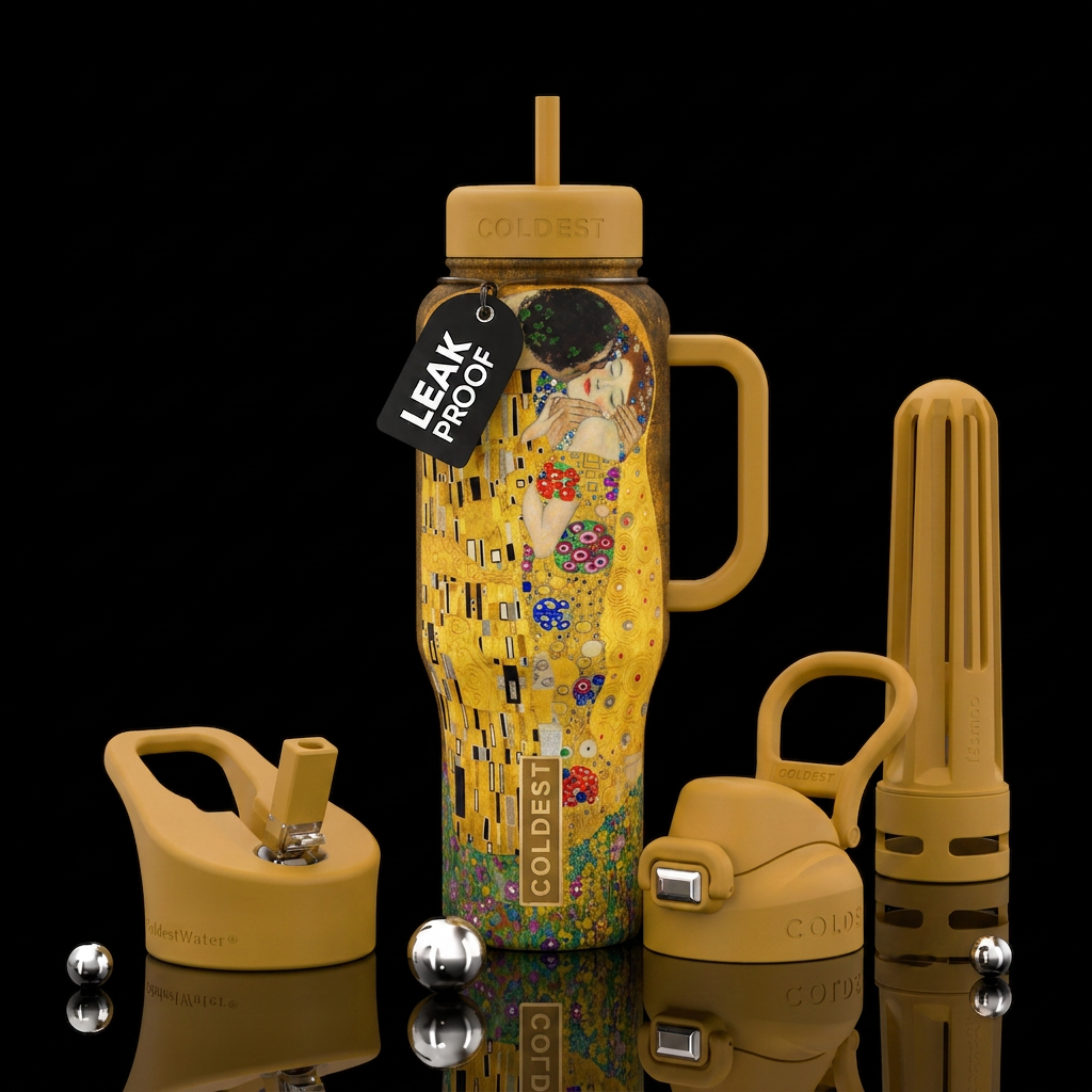 Gustav Klimt’s “The Kiss” wrapped around the bottl... water bottle design