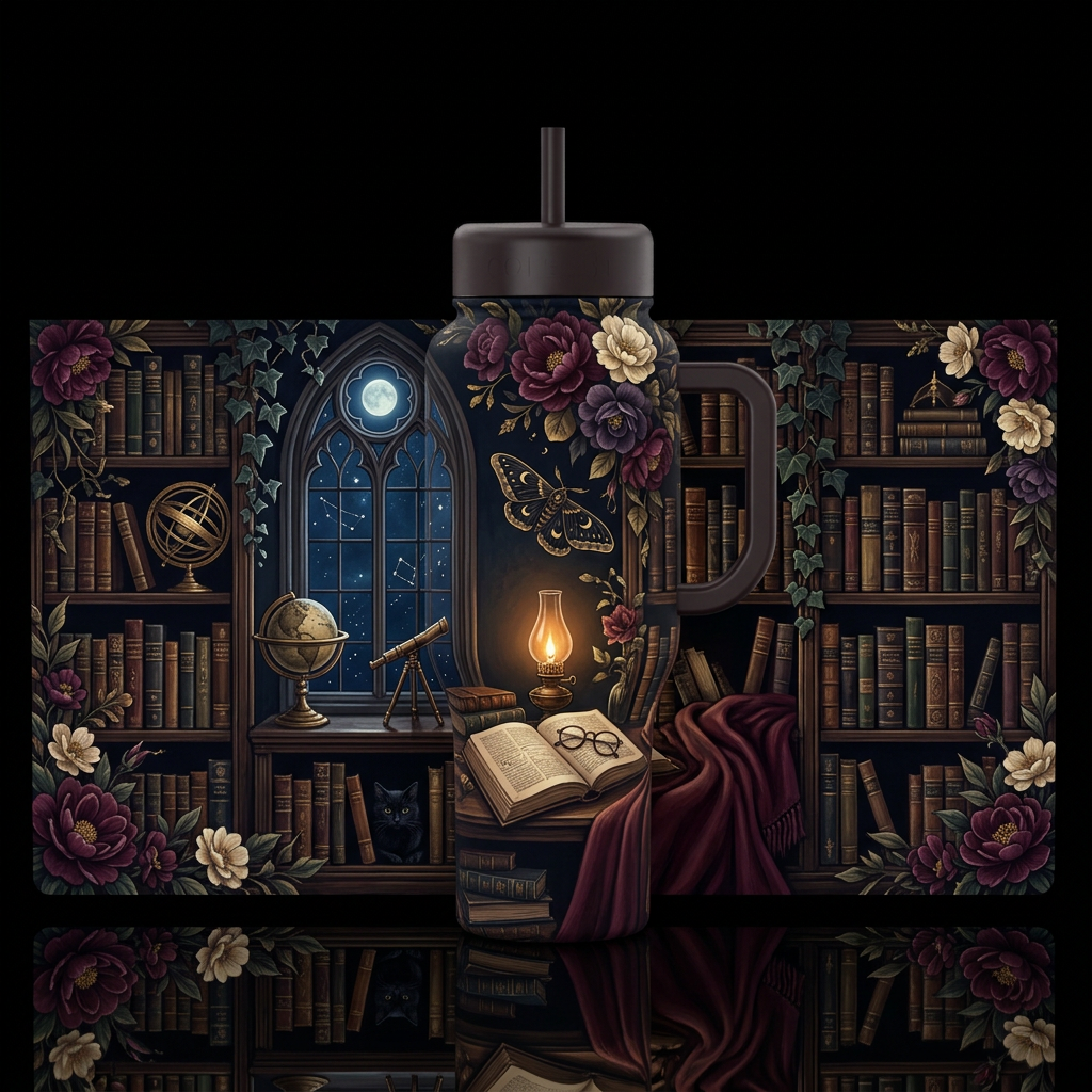 The Night Library water bottle design