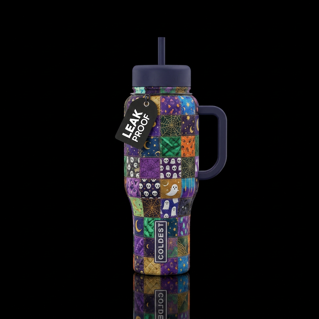 A spooky quilt patchwork of Halloween design with ... water bottle design