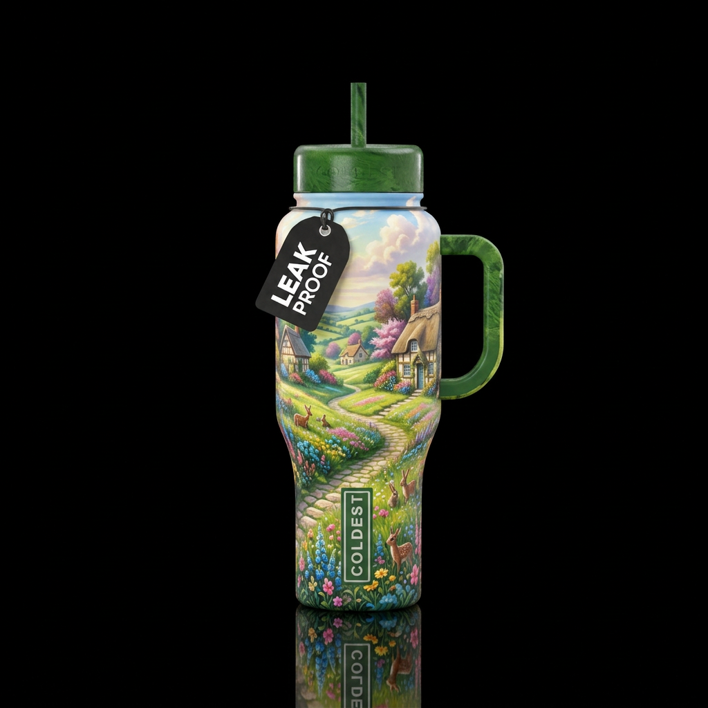 A whimsical still photo of countryside, gorgeous, ... water bottle design