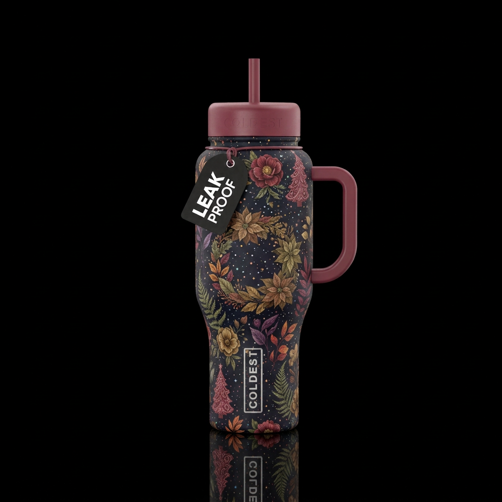 Background: Solid matte black accented with tiny w... water bottle design