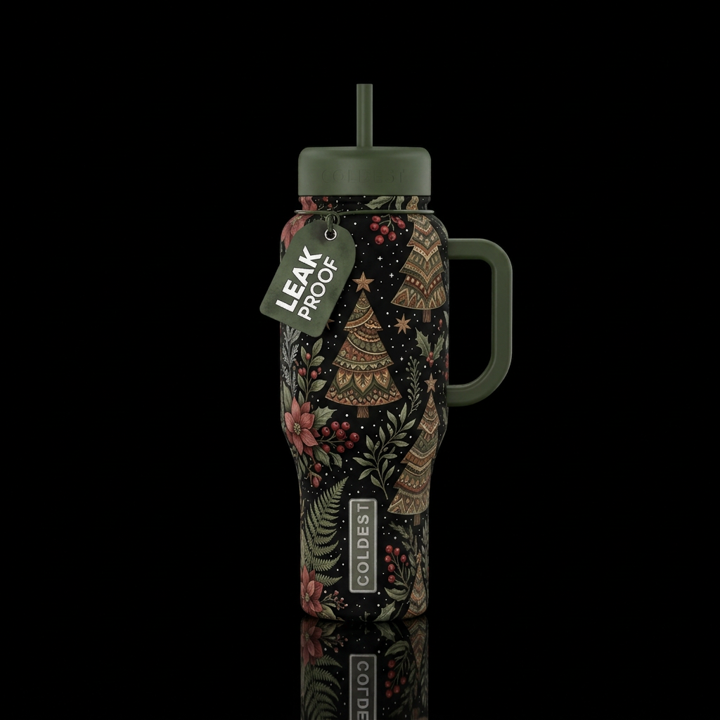 Background: Solid matte black accented with tiny w... water bottle design