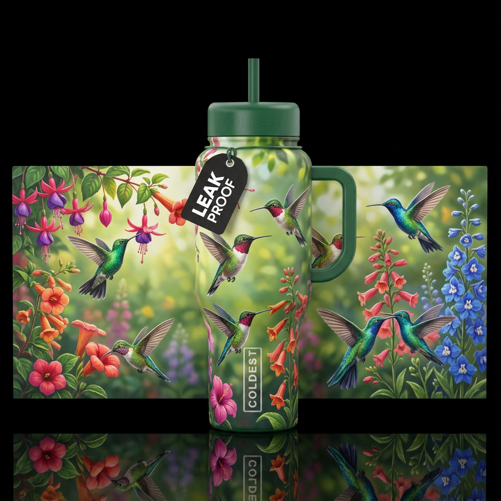 Hummingbirds with flowers in a yard water bottle design