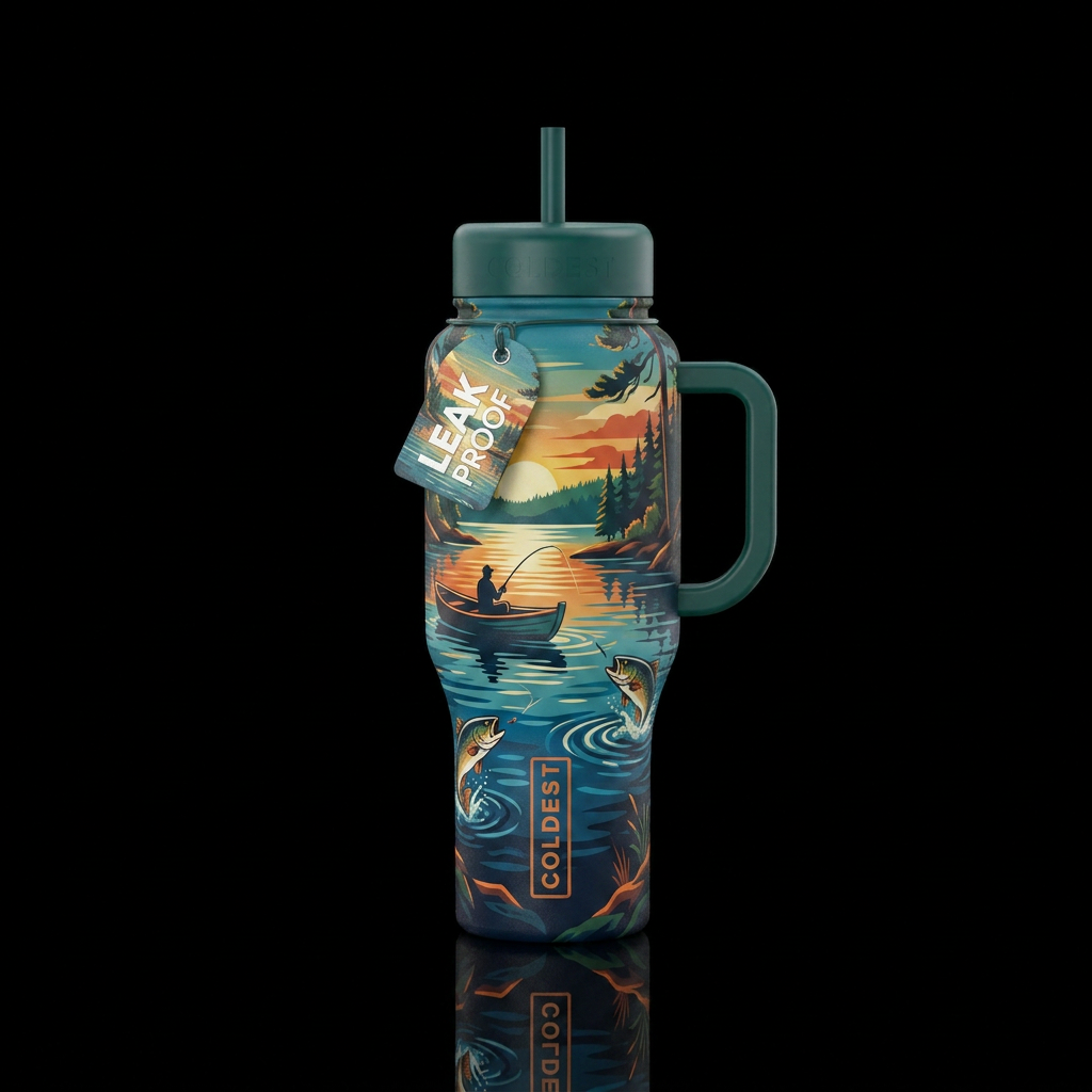 Fishing from the side of a lake water bottle design