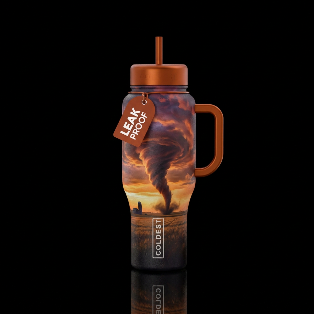 Oklahoma sunset with tornado in an open field water bottle design