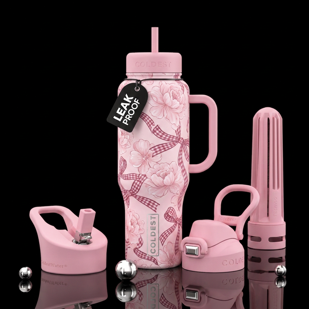 Soft baby pink floral with darker pink gingham rib... water bottle design