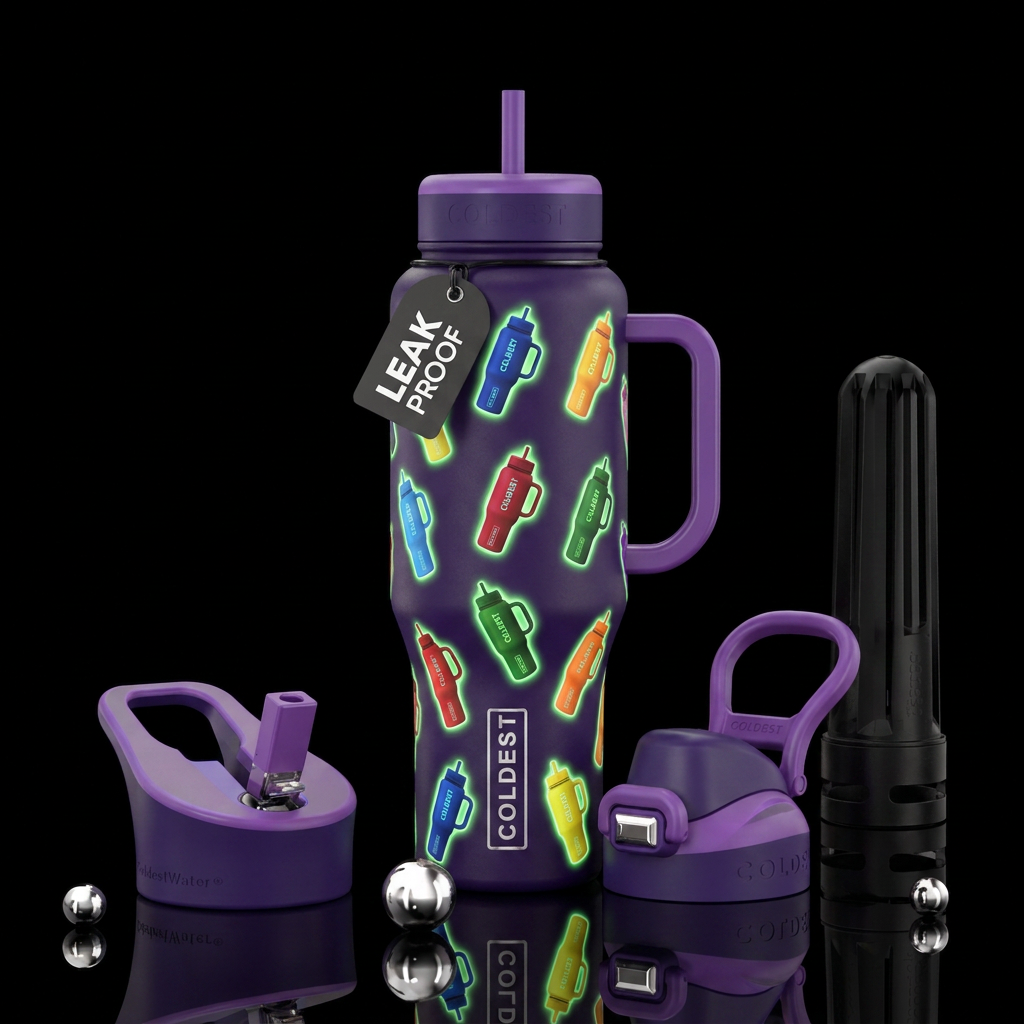 Dark purple background with small coldest bottles ... water bottle design