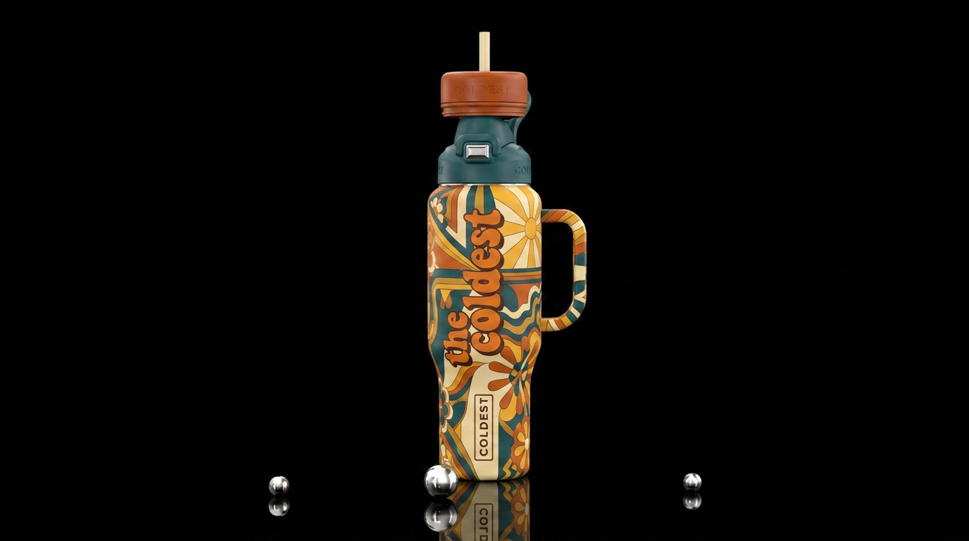 1970’s throwback font in shades of orange with the... water bottle design