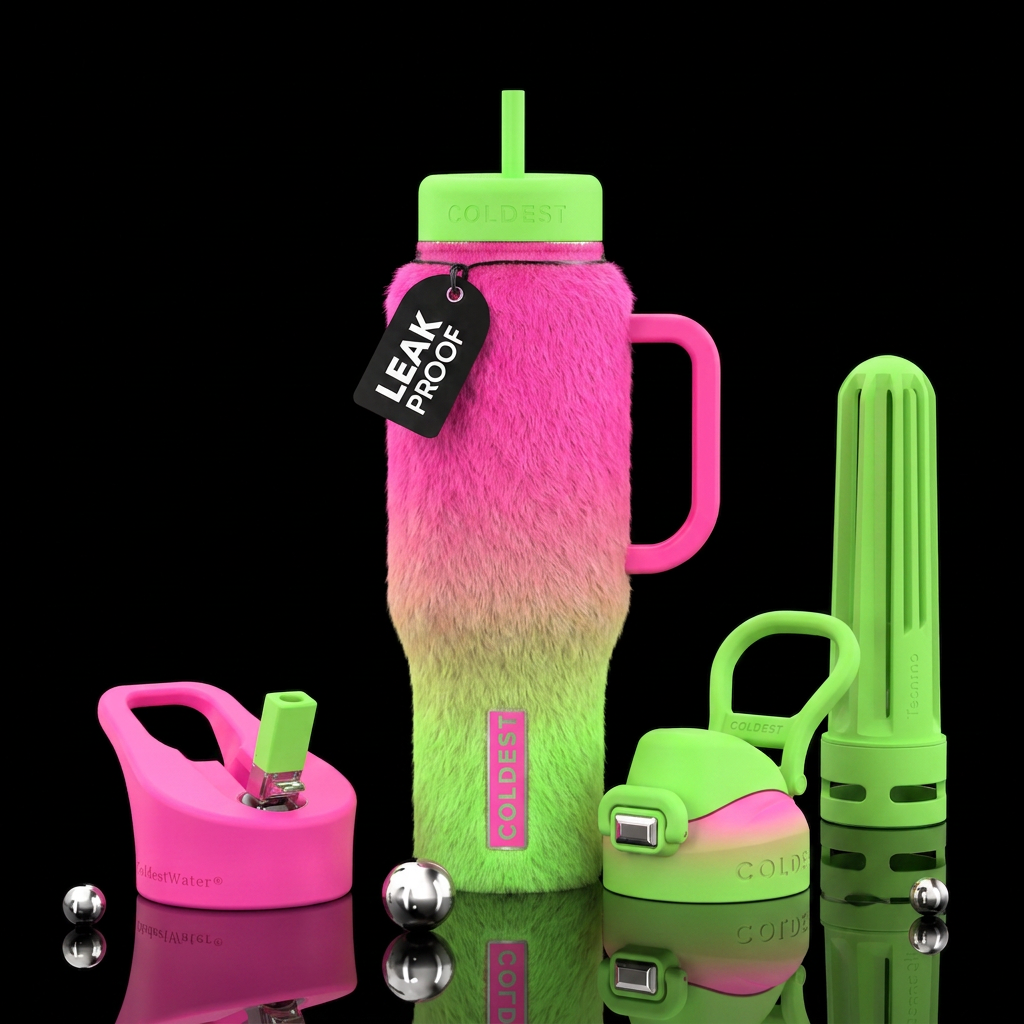Close up of neon pink fur that ombres to neon gree... water bottle design