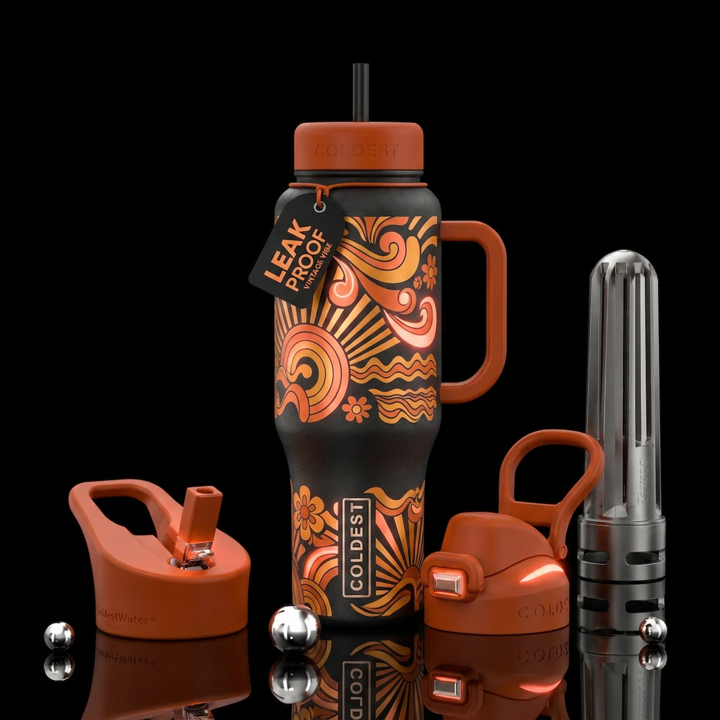1970’s retro graphics in orange contrasting matchi... water bottle design