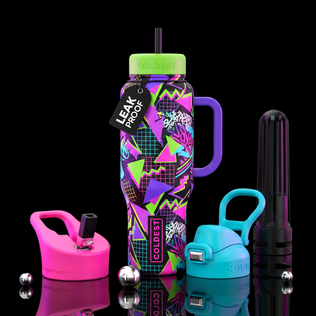 1980’s theme with bright neon colors and grap water bottle design