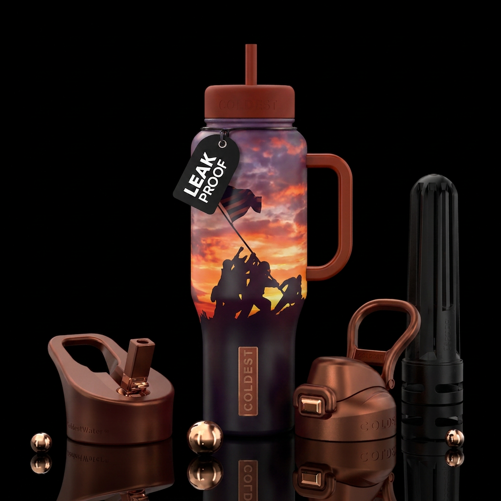 Sunset scene with figures in shadow raising and fl... water bottle design