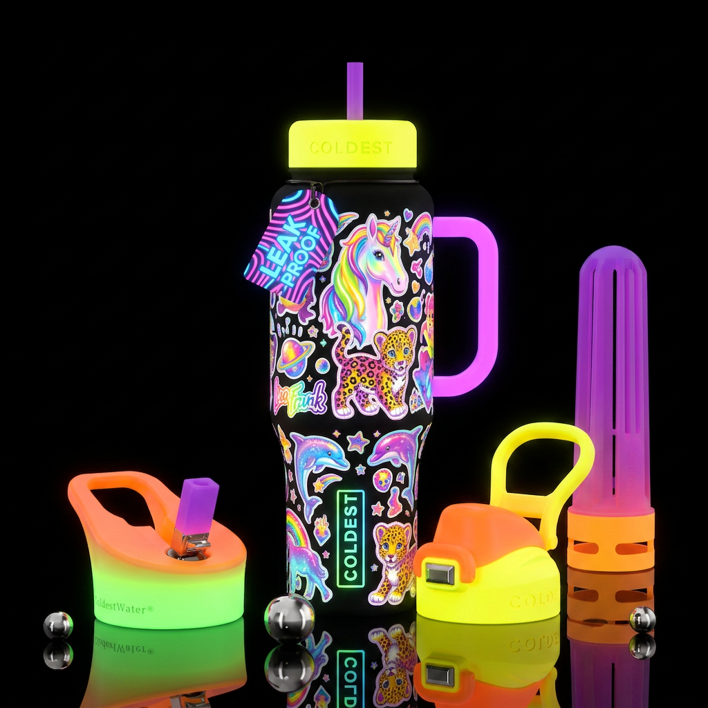 Lisa Frank style graphics with fun sticker designs... water bottle design