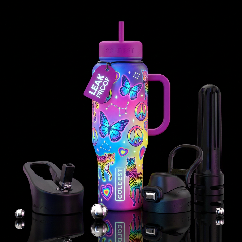 Lisa Frank style graphics with fun sticker designs... water bottle design