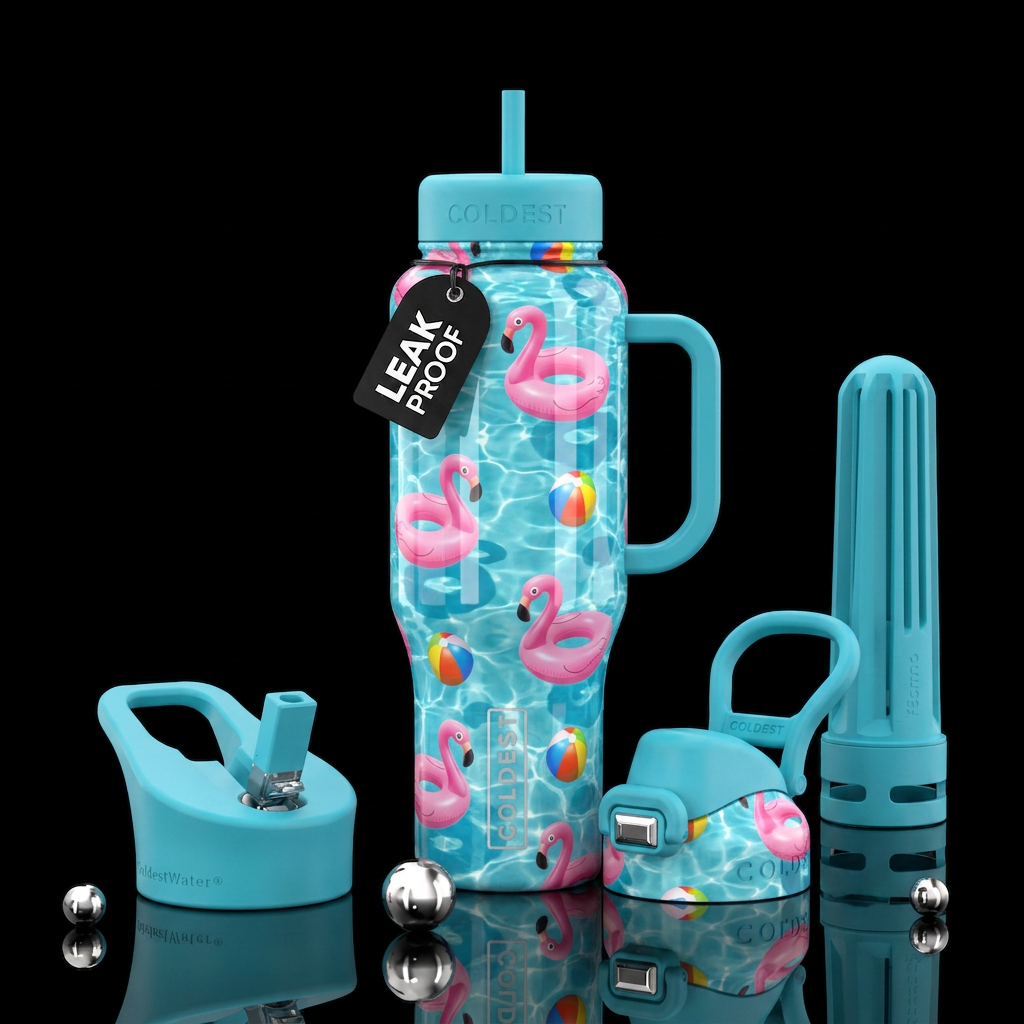 Pink flamingo floats on a blueish aqua water with ... water bottle design