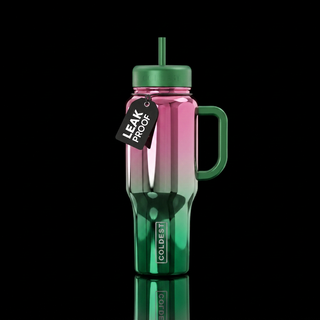 Ombré pink to green in a mirror finish water bottle design