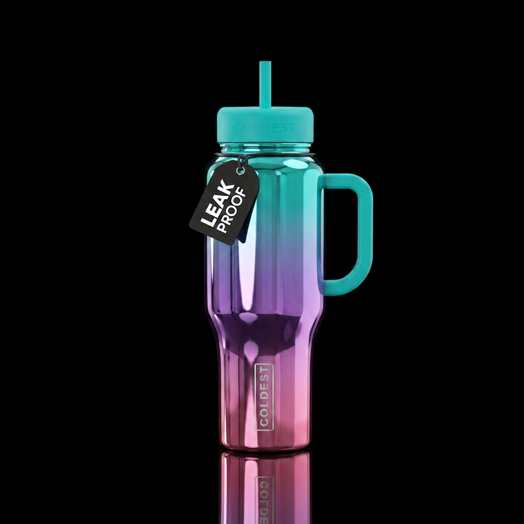 Ombré teal to purple to pink in a mirror finish water bottle design