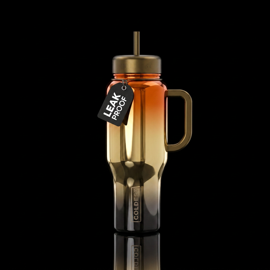 Ombré orange to gold to black in a mirror finish water bottle design