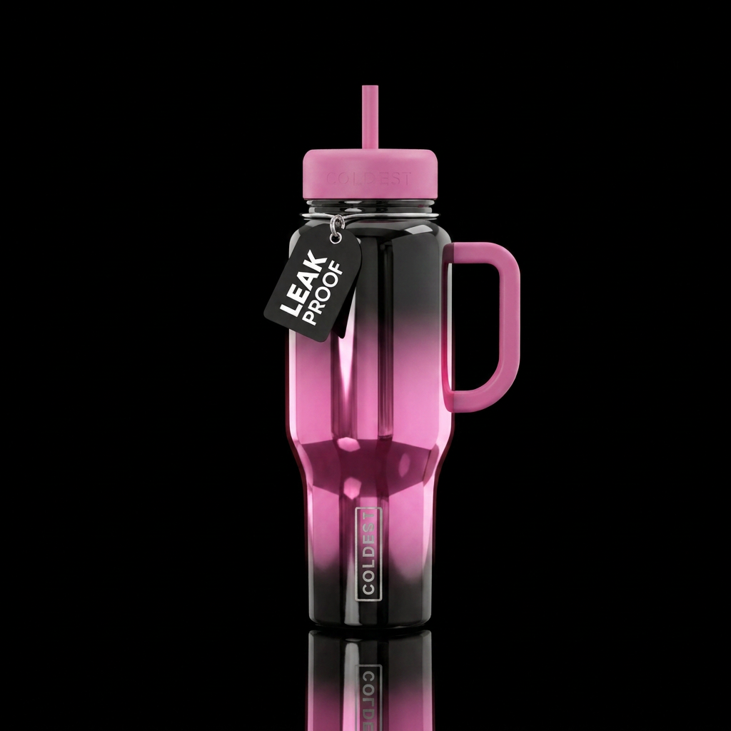 Ombré pink to black in a mirror finish water bottle design