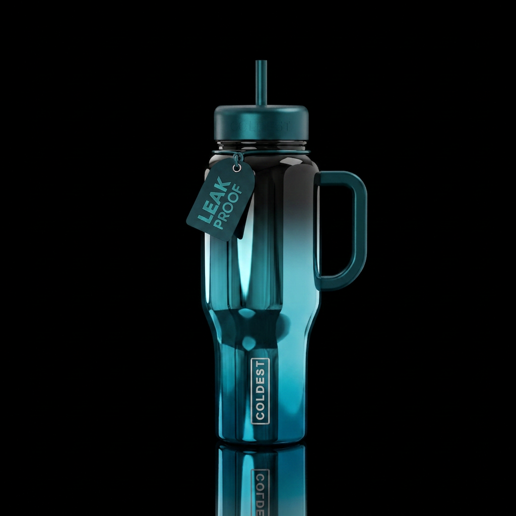 Ombré teal to black in a mirror finish water bottle design