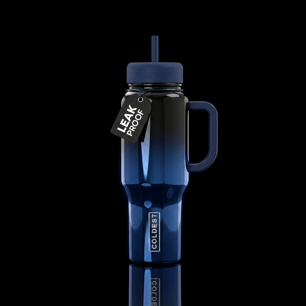 Ombré dark blue to black in a mirror finish water bottle design