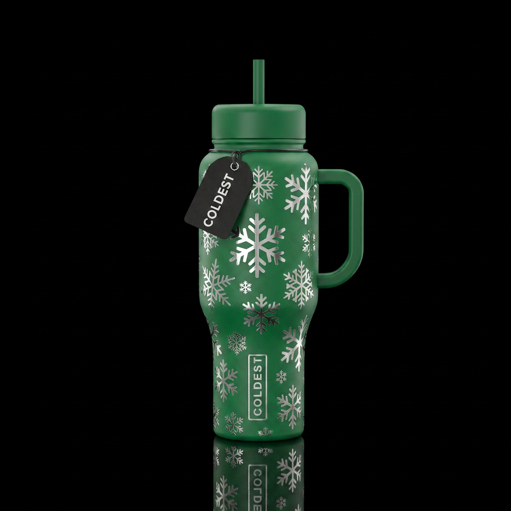 Green background with silver mirror finish snowfla... water bottle design