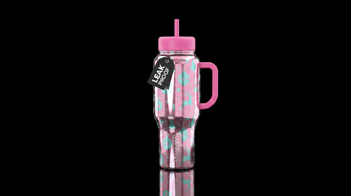 Pink and aqua themed Christmas wrapping paper that... water bottle design
