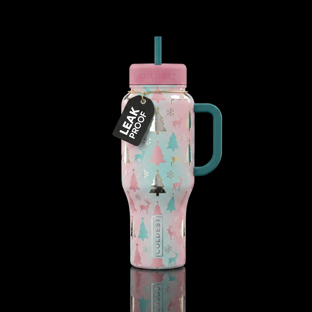 Pink and aqua themed Christmas wrapping paper that... water bottle design