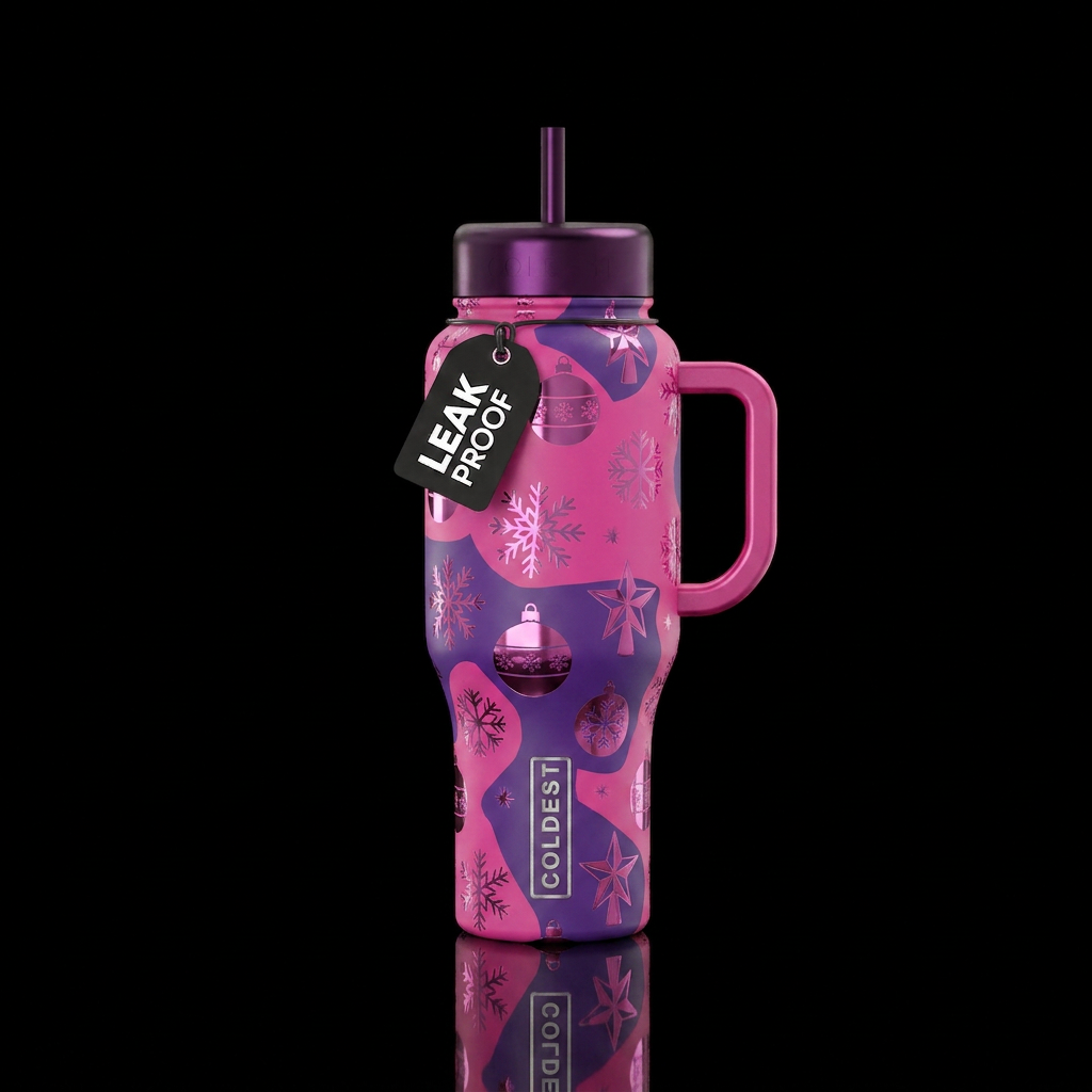 Pink and purple themed Christmas wrapping paper th... water bottle design