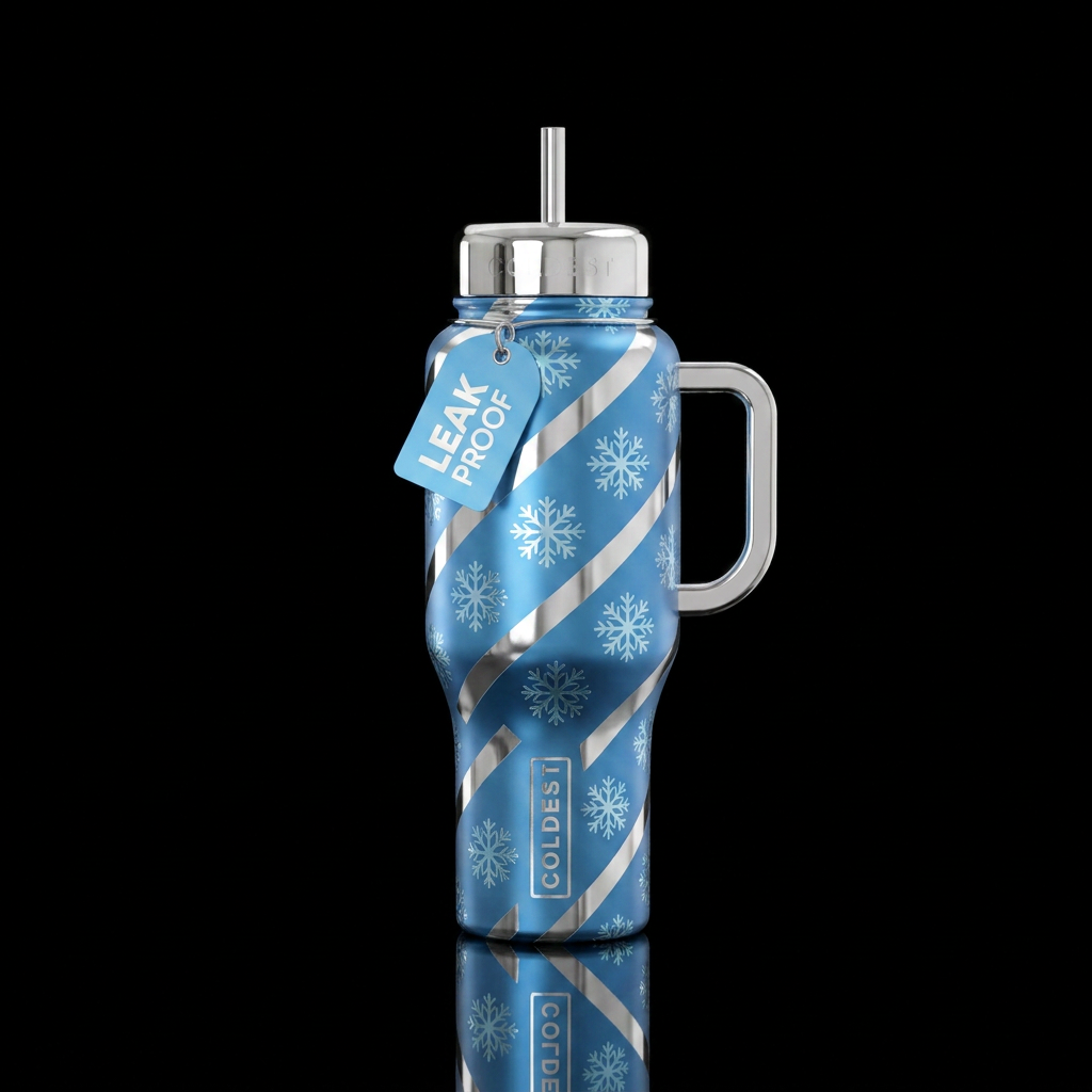 Christmas wrapping paper in blue satin finish with... water bottle design