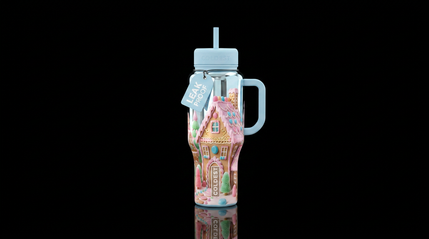 Gingerbread house made from candy in soft pastel c... water bottle design
