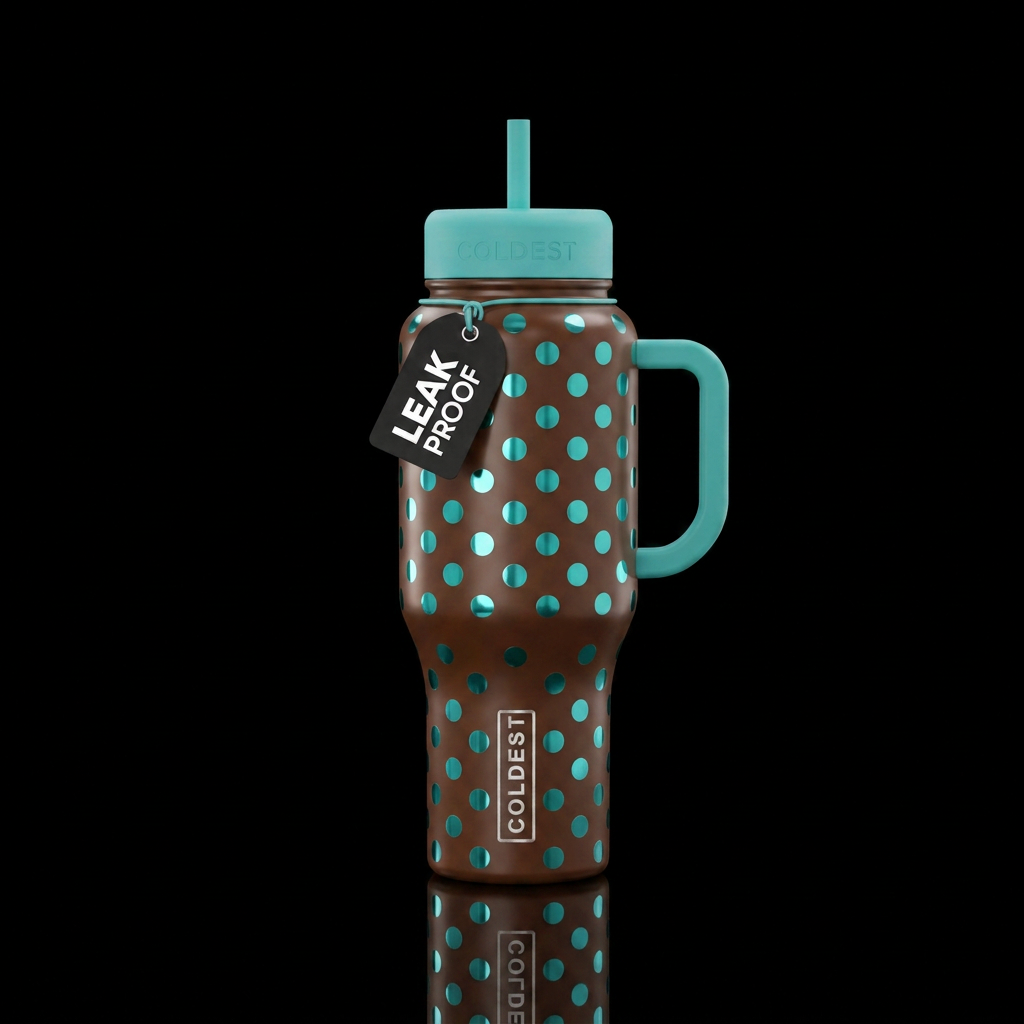 Brown bottle with teal polka dots in a mirror fini... water bottle design