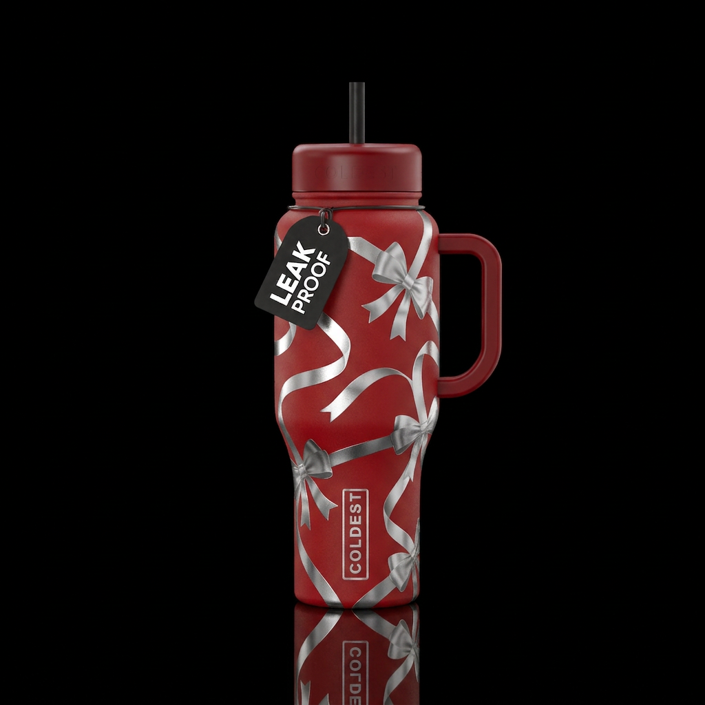 Red background with silver metallic Christmas ribb... water bottle design