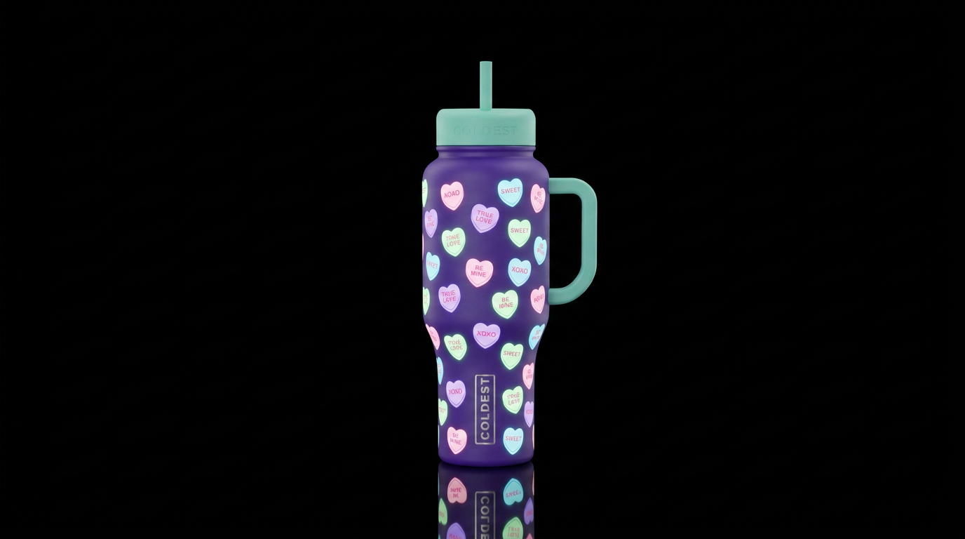 Purple background with pastel color conversion hea... water bottle design