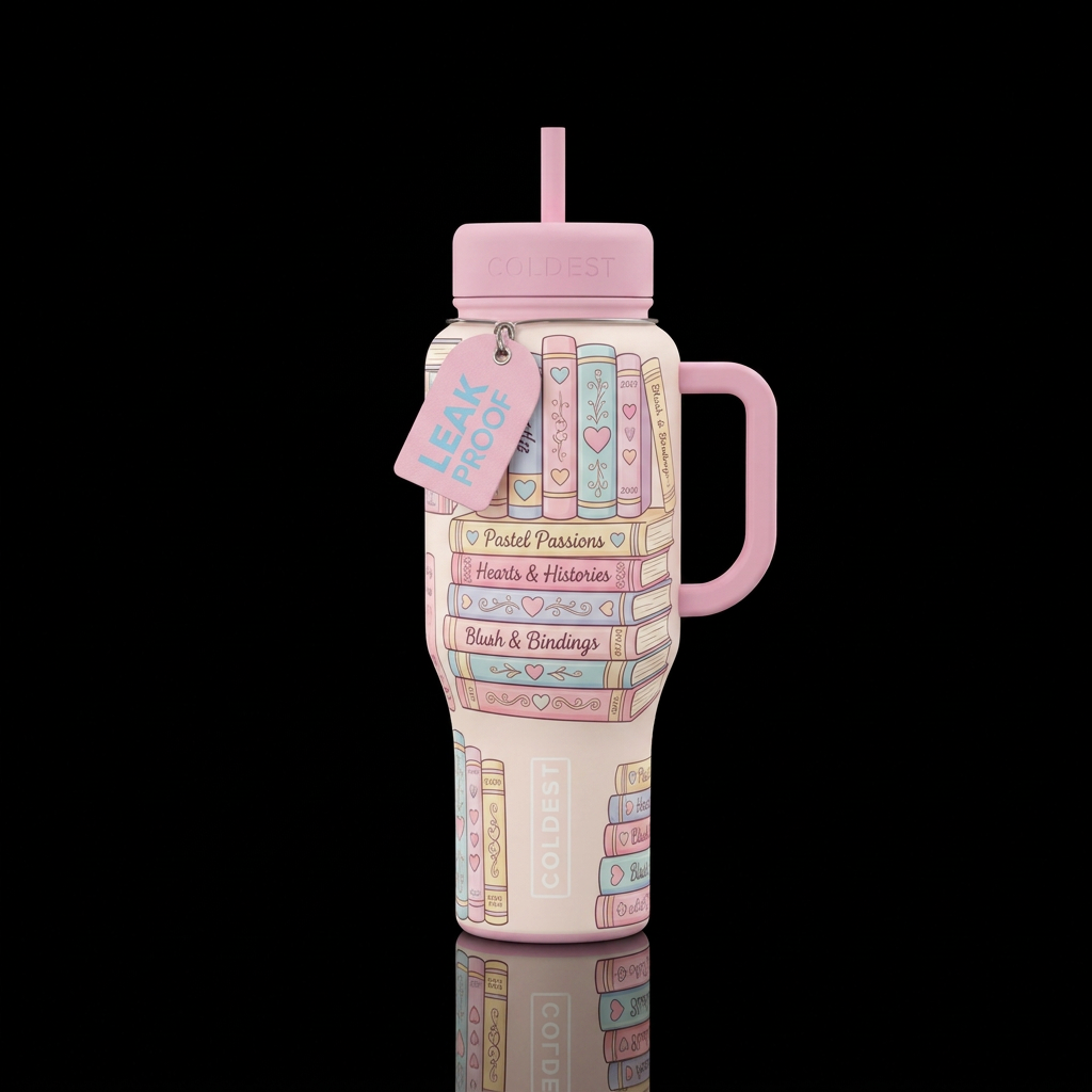 Pastel color valentines books water bottle design