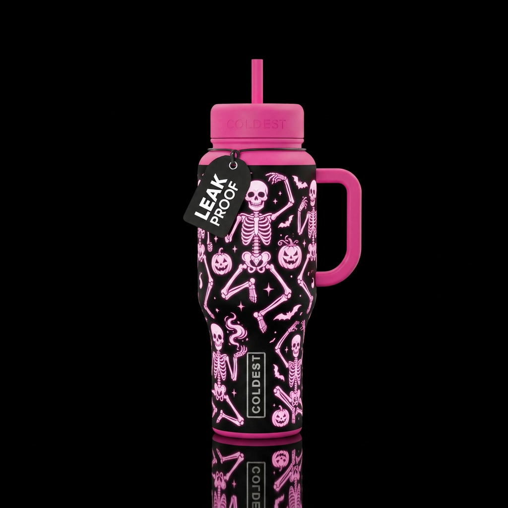 Pink Halloween themed skeletons that are Halloween... water bottle design