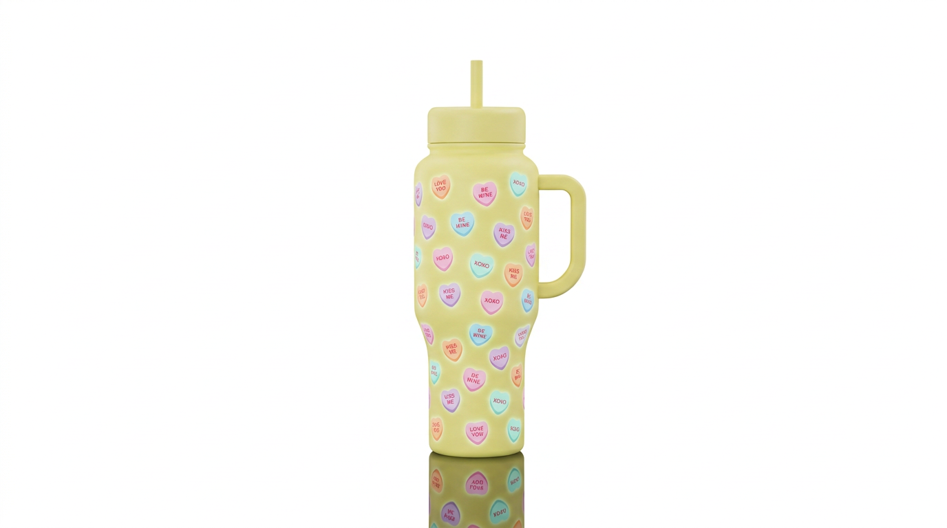 Solid pastel yellow background with conversation h... water bottle design