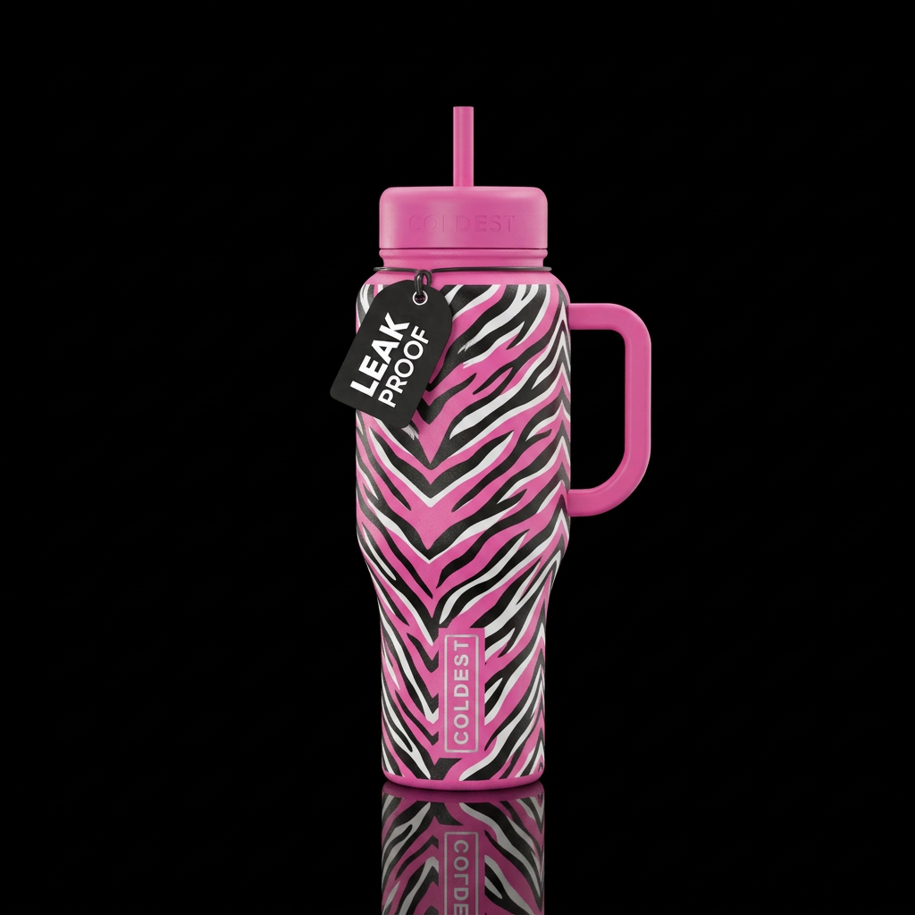 Bright pink background with black and white zebra ... water bottle design