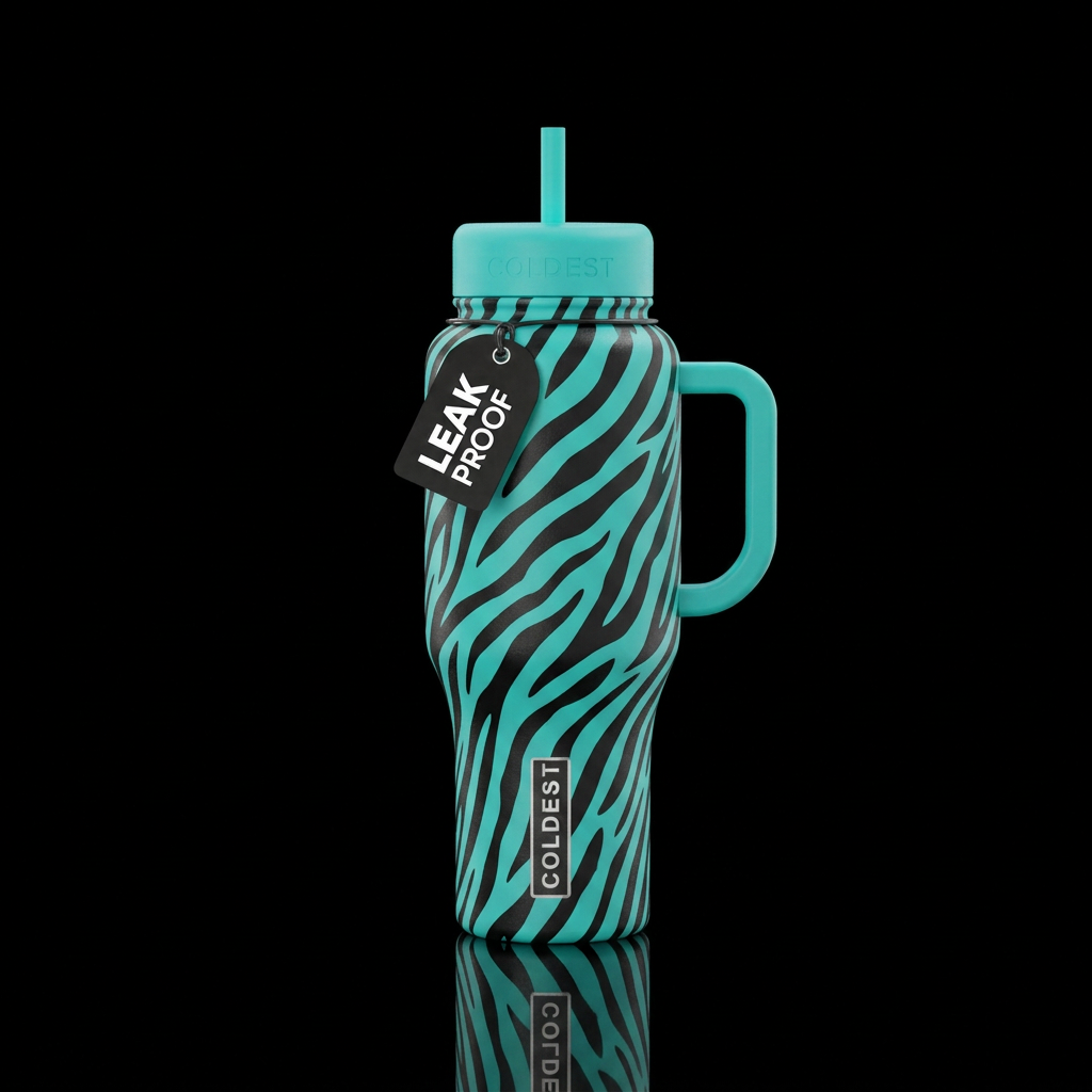 Teal background with large zebra stripes on it wit... water bottle design