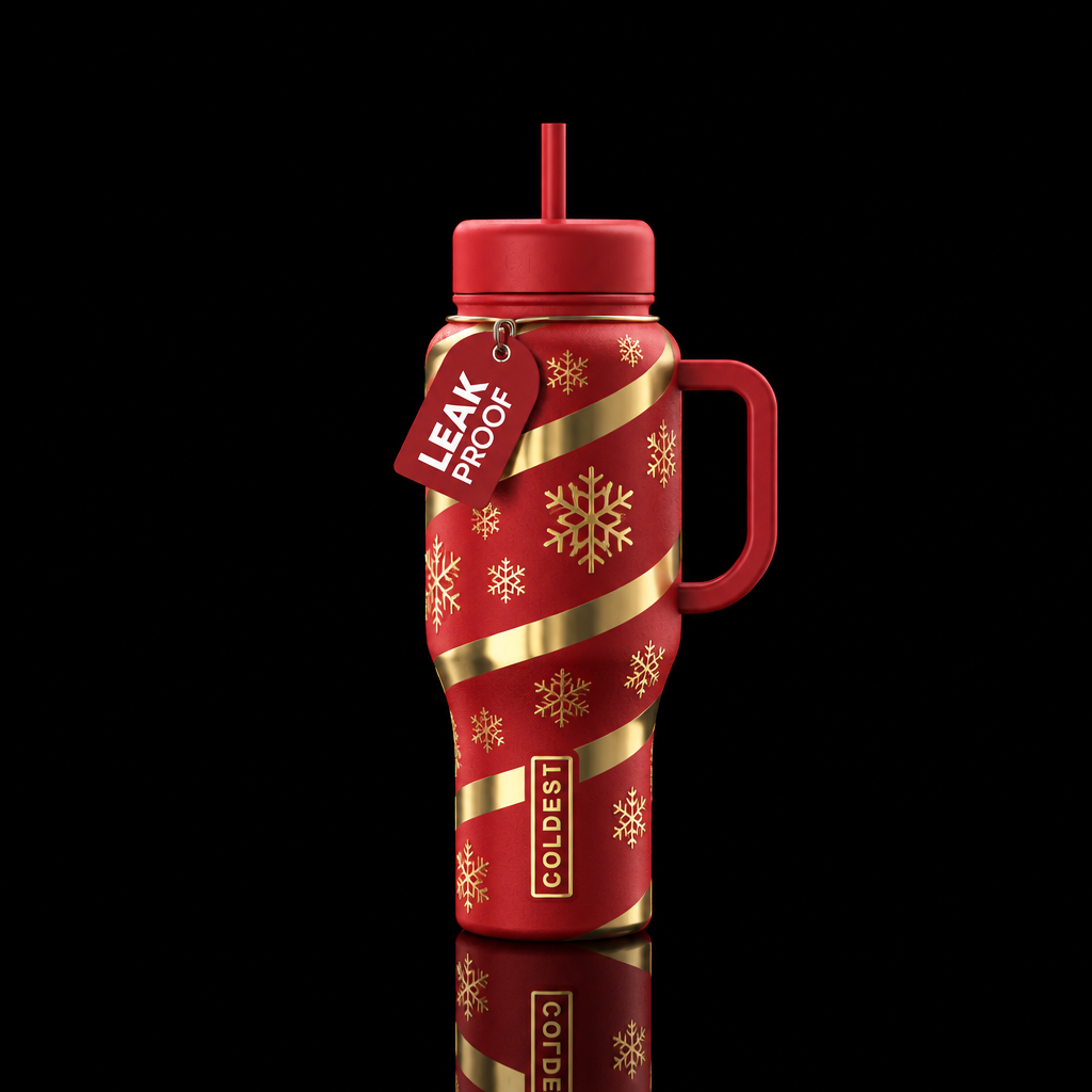 Matte red background with gold mirror stripes wrap... water bottle design